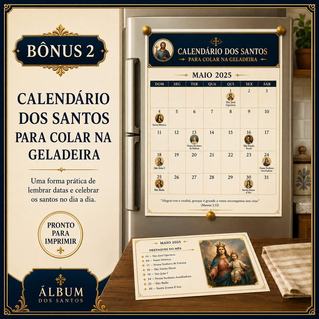 Calendário dos santos para colar na geladeira