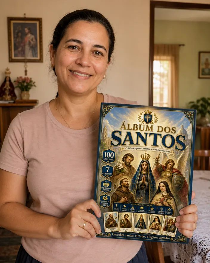 Cliente segurando o Álbum dos Santos impresso em casa