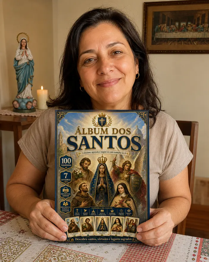 Cliente segurando o Álbum dos Santos impresso em casa