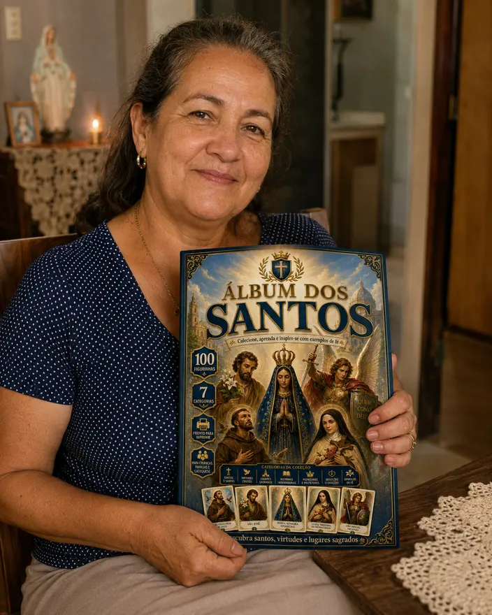 Cliente segurando o Álbum dos Santos impresso em casa