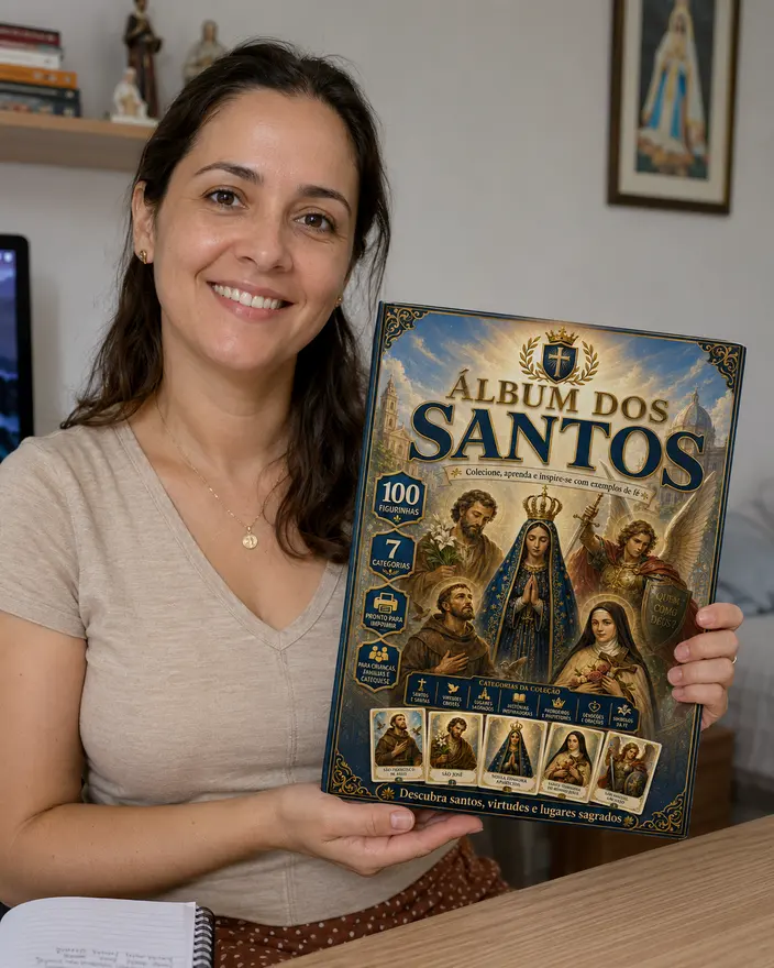 Cliente segurando o Álbum dos Santos impresso em casa