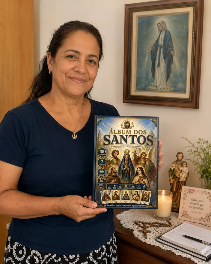Cliente segurando o Álbum dos Santos impresso em casa