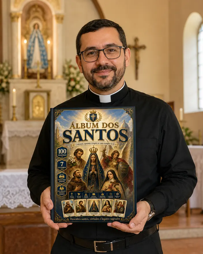 Cliente segurando o Álbum dos Santos impresso em casa