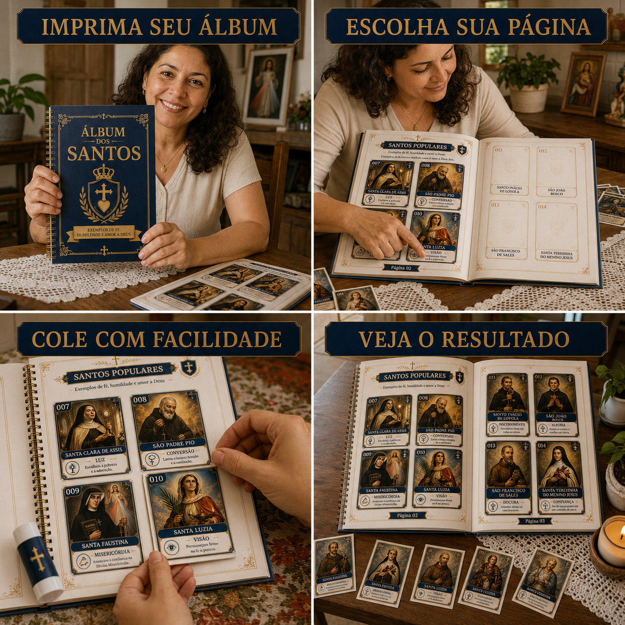 Como usar o Álbum dos Santos: imprima, escolha a página, cole com facilidade e veja o resultado