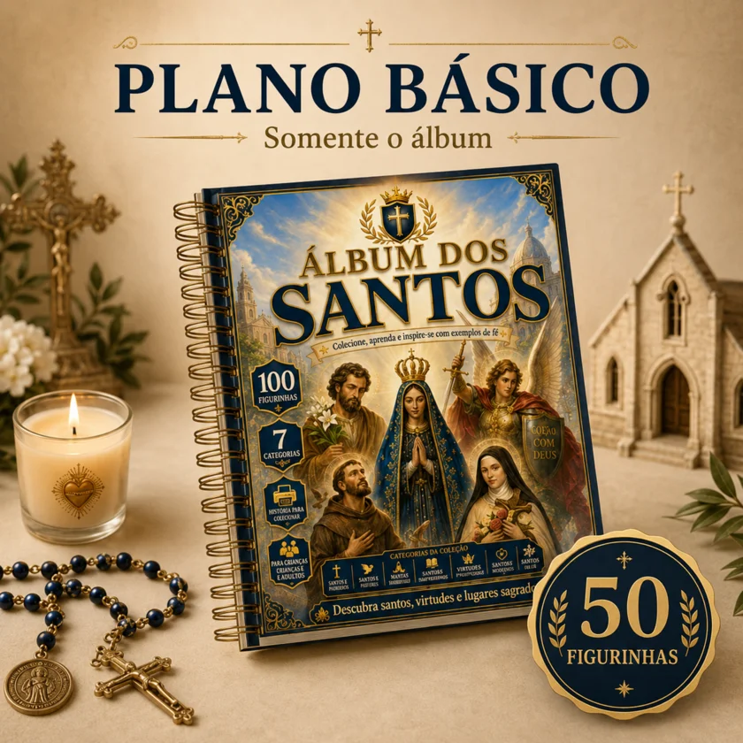 Plano básico do Álbum dos Santos — só o álbum, 50 figurinhas